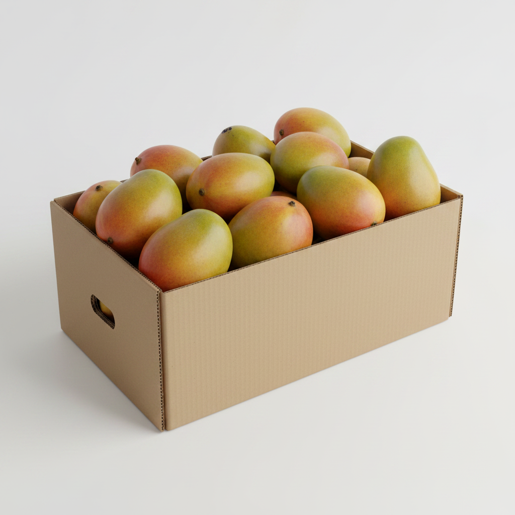 A full case of ripe mangos on a clean white background