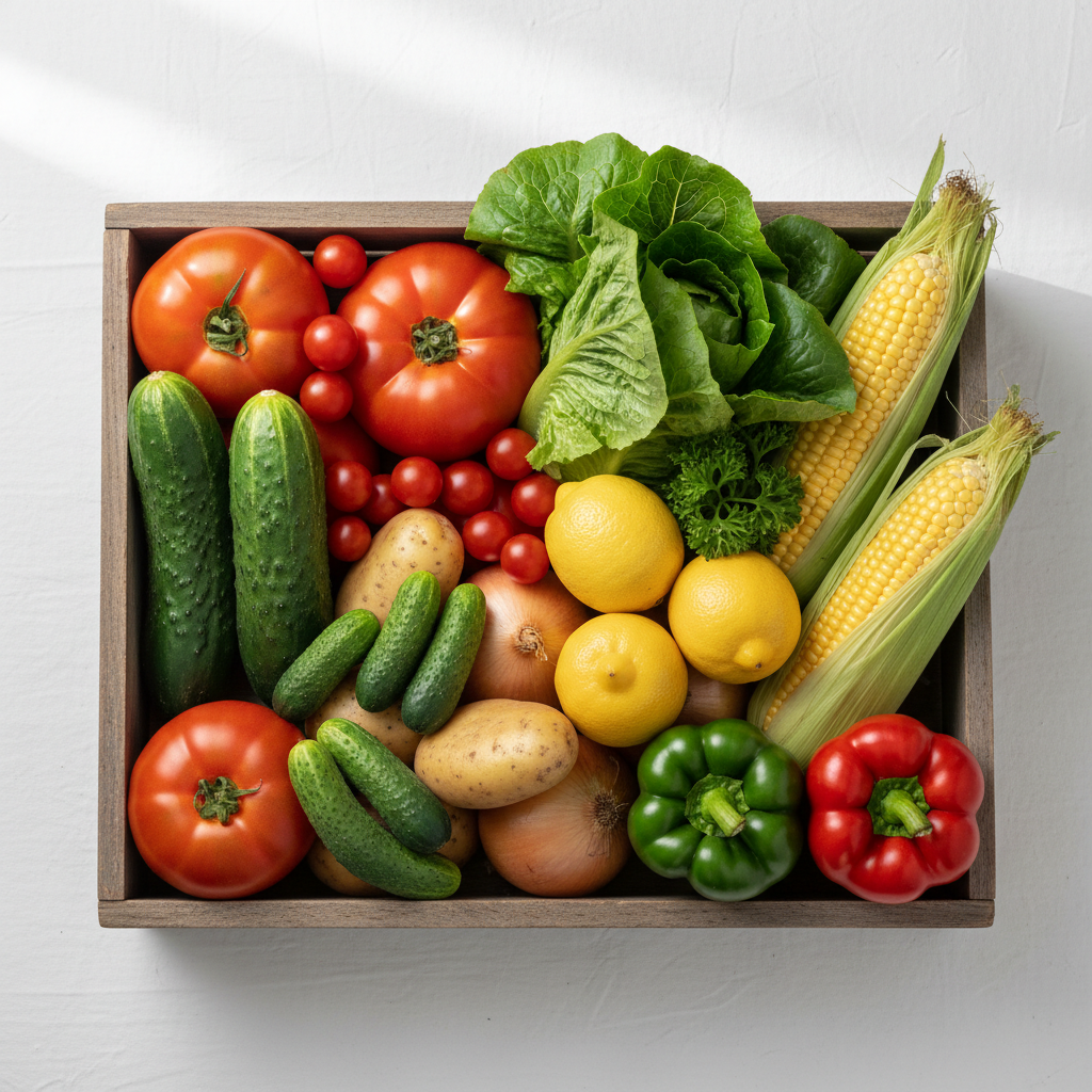 A beautiful box overflowing with fresh seasonal vegetables
